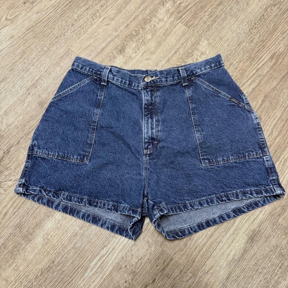 Vintage Chic Womens High Waisted Denim Shorts Dark Wash Blue Cotton Size 14